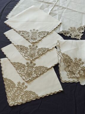 Embroidered Vintage Madeira Linen Napkins in Cream with Taupe Floral Trim NWOT